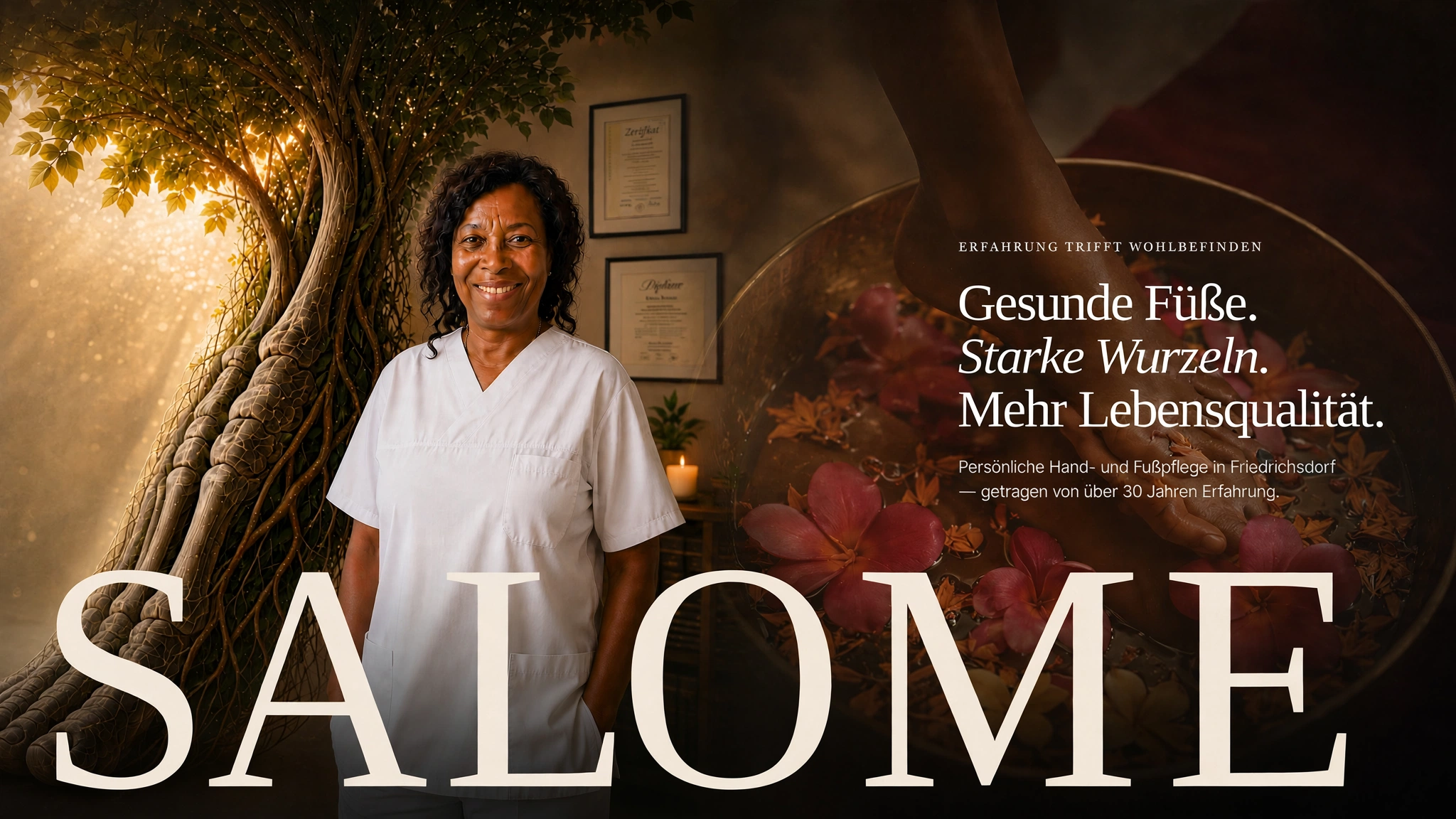 Salome Brunner neben einem leuchtenden Wurzelbaum und einer warmen Fußpflege-Szene. Gesunde Füße, starke Wurzeln, mehr Lebensqualität.